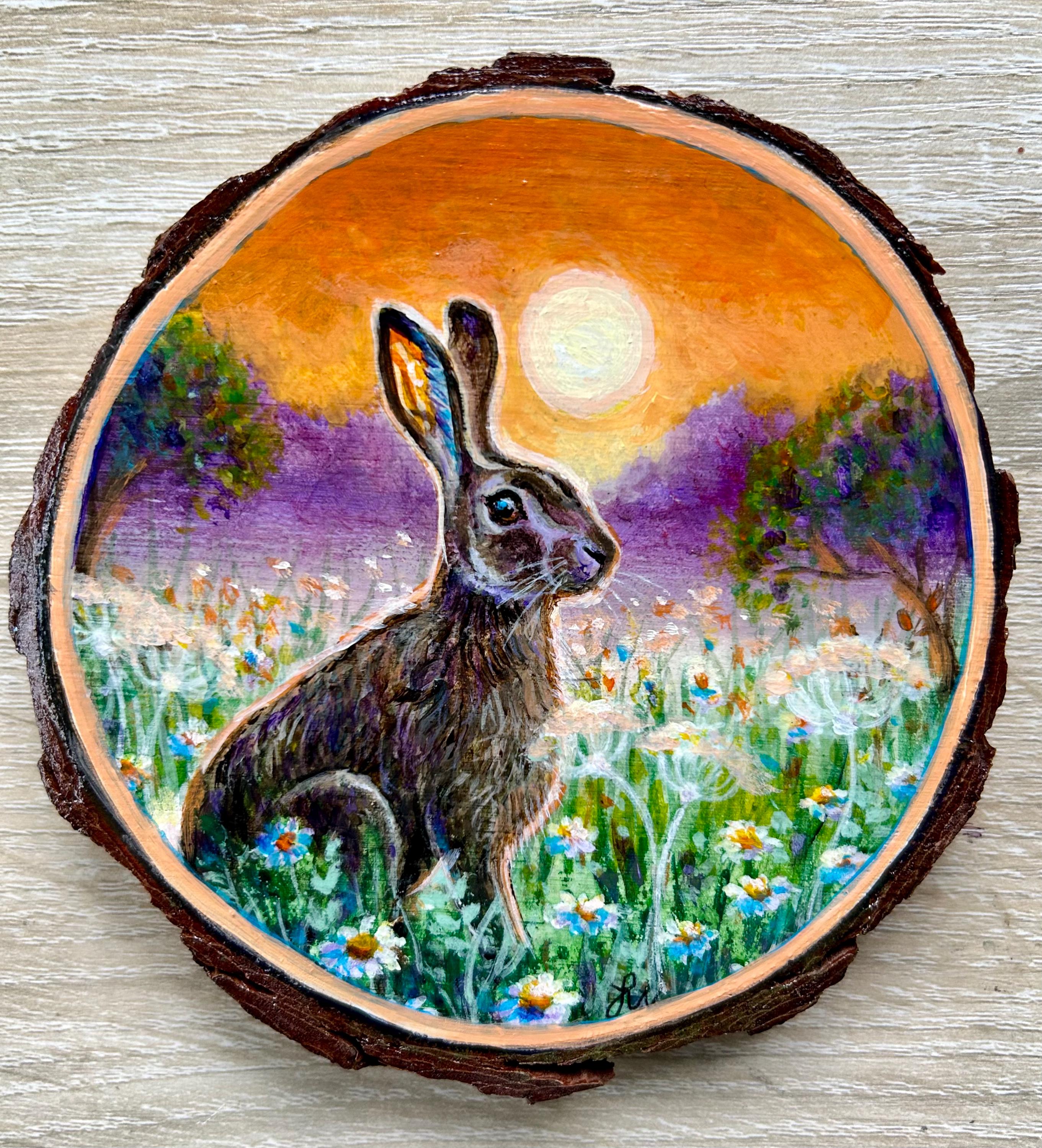 Hare Wood Slice ~  Hare Art ~ Original Art ~ Rustic Wood Slice