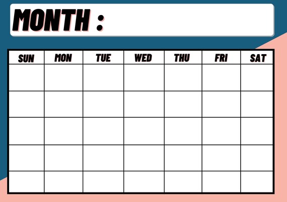 Blank Monthly Calendar Landscape Template Printable Calendar - Etsy