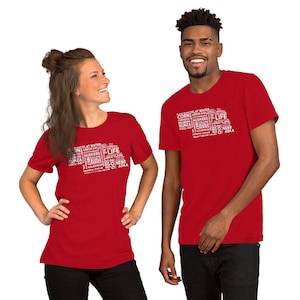 T-Shirt, Short Sleeve, Nebraska Design, Dark Shirt, White Design,State Words, Word Cloud, Huskers, Comfortable, Unisex, Bella + Canvas