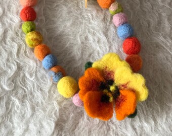 Felt Ball Necklace and Violet Felt Brooch, Wool Brooch, Birthday Gift, Gift, Valentine's Day Gift