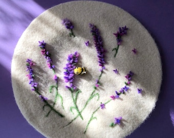 White Wool Hat with Lavender Flowers, Handmade Felted Wool Hats, Winter Felted Wool Hat Original accessory for women, Great gift idea