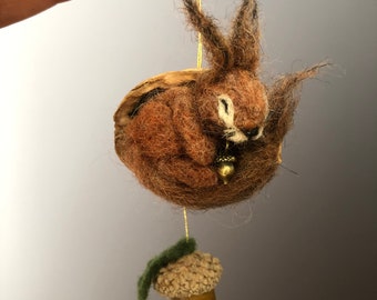 Cute Little Squirrel with Acorn Sleeping in a Walnut Husk, Wool Felt Organic Accessory, Gift, Unique, Miniature, Birthday Gift