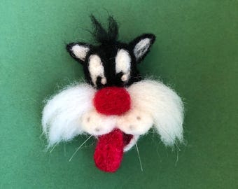 Handmade Wool Felt Character Brooch, Birthday Gift, Gift, Unique, Fun, Cat Character