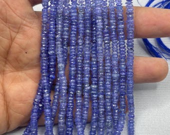 Cuentas redondas facetadas de tanzanita natural de 3-5 mm, hilo de tanzanita de 16 pulgadas, cuentas redondas de tanzanita facetadas.