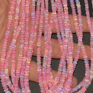 Koraliki Rondelle z różowego opalu etiopskiego AAA+: gładka nić z kamieni szlachetnych o średnicy 3–5 mm