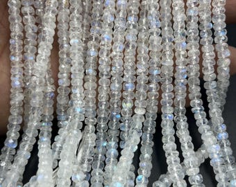 AAA+ White Rainbow Moonstone Faceted Rondelle Beads - 16 Inch