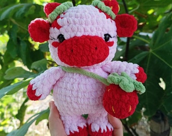 Strawberry cow crochet pattern,Animal plush Crochet,Cow with bag,Amigurumi Cow pattern