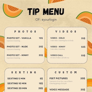 Editable Onlyfans Template / Fansly Cute Melon Tip Menu Printable / Camgirl, Twitch Girl / Forbidden Fruit Edition