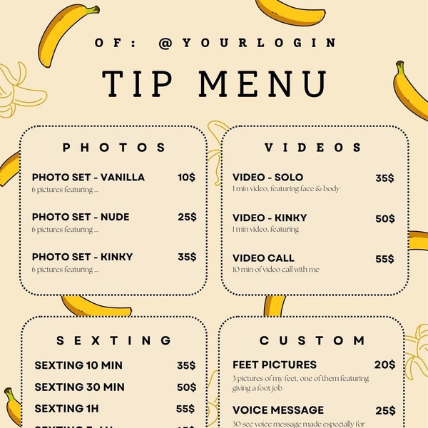 Menu de conseils modifiable | Menu Astuce Onlyfans | Menu Fansly Cute Banana Tip | Créateurs de contenu pour adultes | Menu imprimable