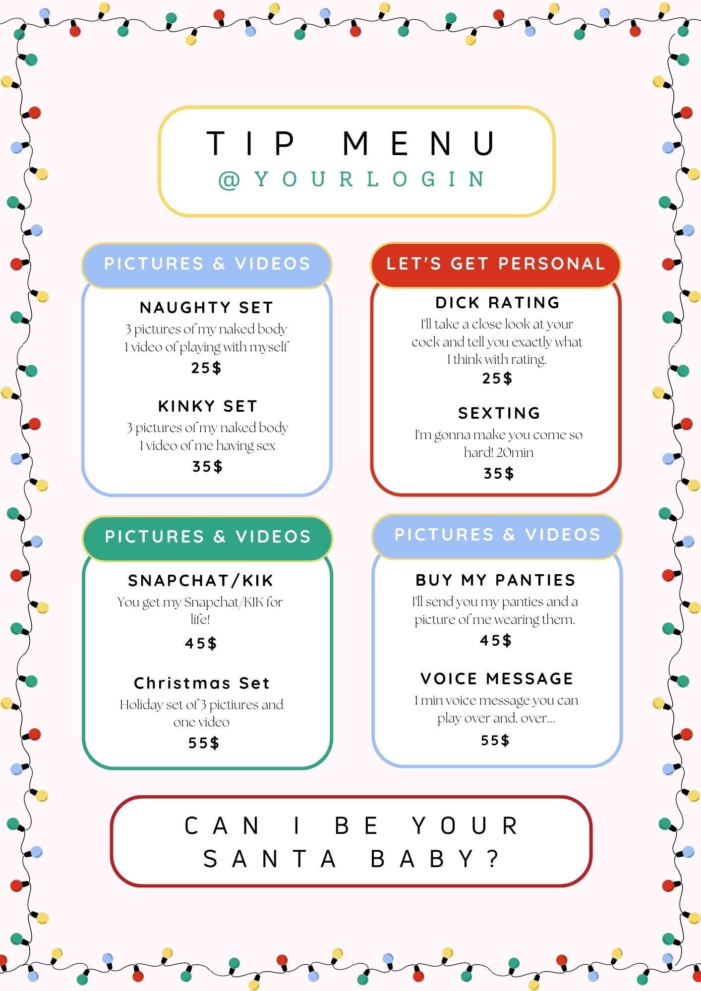 Editable Onlyfans / Fansly Tip Menu / Twitch Girl / Camgirl Christmas  Lights Design/ Holiday Edition 