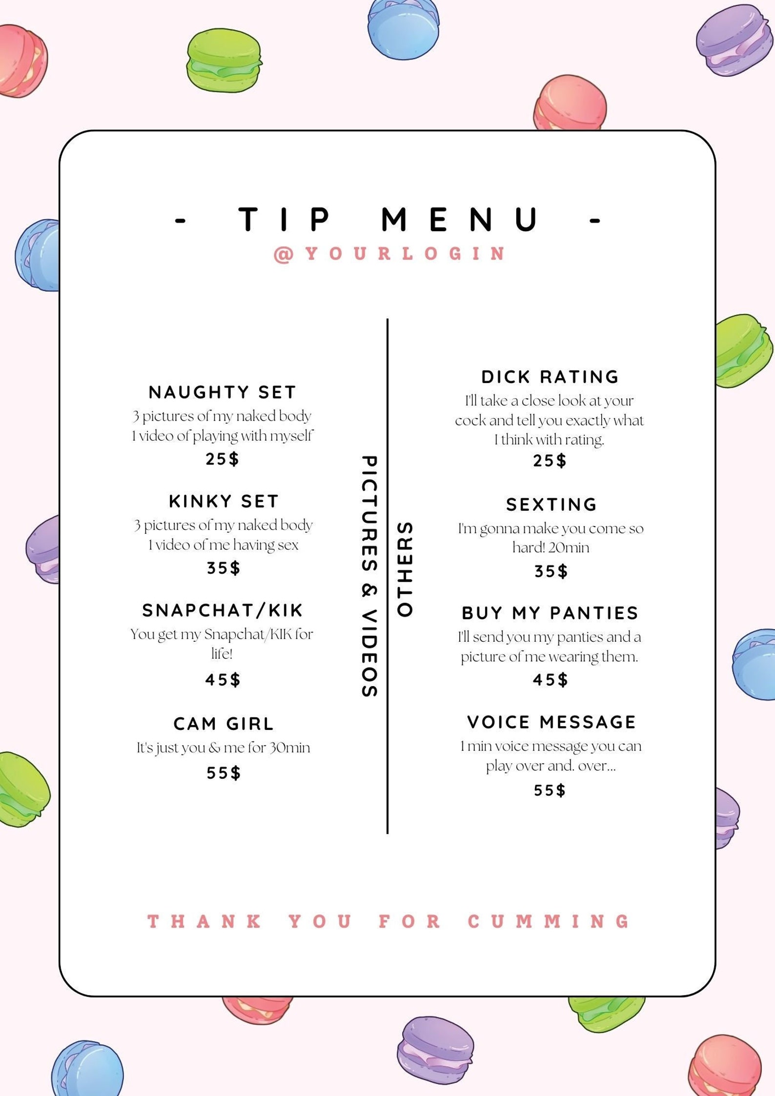 Editable Tip Menu Onlyfans Tip Menu Fansly Cute Macaron Etsy