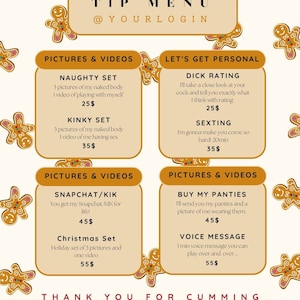 Editable Onlyfans / Fansly Tip Menu / Twitch Girl / Camgirl Gingerbread