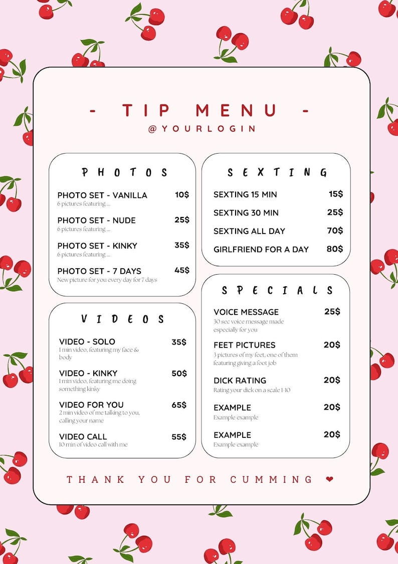 Editable Onlyfans / Fansly Tip Menu / Cute Pink Cherry Design 