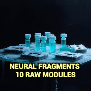 May include: A collection of small glass vials filled with glowing blue liquid and white cassette tapes arranged on a frosted surface. The text NEURAL FRAGMENTS 10 RAW MODULES is displayed in yellow at the bottom of the image against a dark background.