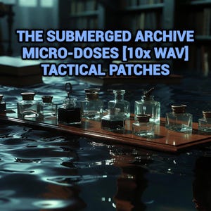 May include: A wooden tray holding ten clear glass inkwell-style bottles, some filled with dark liquid, resting on a dark rippling water surface. The text THE SUBMERGED ARCHIVE MICRO-DOSES [10x WAV] TACTICAL PATCHES is displayed in blue letters above the bottles.