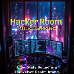 May include: A computer setup with three monitors displaying code, with the text "Hacker Room DEEP FOCUS AUDIO PACK". The background shows a city skyline at night. The text "Flow State Sound is a The Velvet Realm brand" is also visible.