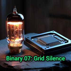 Może przedstawiać: Świecąca lampa próżniowa z pomarańczowym żarnikiem obok czarnego, kwadratowego procesora komputerowego. Tekst Binary 07: Grid Silence jest wyświetlany zielonymi literami u dołu kompozycji, podkreślając kontrast między dawną a nowoczesną technologią.