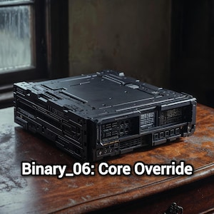 May include: A black, rectangular electronic device with a complex, layered chassis featuring multiple ports, ventilation grilles, and a small display screen. The text "Binary_06: Core Override" is printed in white at the bottom of the image.