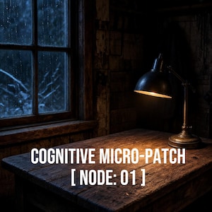 May include: A dark wooden table with a metal desk lamp casting a warm glow, positioned near a window showing a rainy, dark outdoor scene. The text COGNITIVE MICRO-PATCH [ NODE: 01 ] is centered in white capital letters over the table surface.