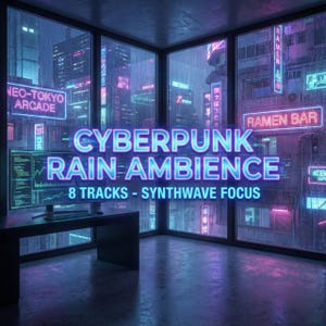 Peut inclure: Une pièce éclairée au néon avec de grandes fenêtres donnant sur un paysage urbain futuriste sous la pluie. Le texte "CYBERPUNK RAIN AMBIENCE" est affiché en néon bleu et rose vif, avec "8 TRACKS - SYNTHWAVE FOCUS". Un écran d'ordinateur et un bureau sont au premier plan.