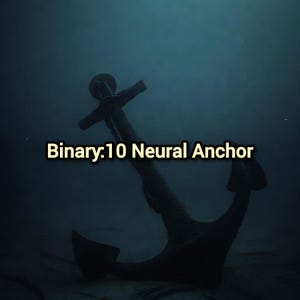 May include: A dark, metallic anchor submerged in deep blue water, featuring a central shaft, two curved flukes, and a crossbar at the top. The text 'Binary:10 Neural Anchor' is displayed in a light yellow font across the center of the image.