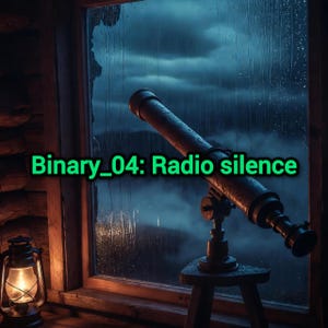 Puede incluir: Un telescopio sobre un trípode se sitúa frente a una ventana con cristales empañados por la lluvia, junto a una linterna encendida. El texto "Binary_04: Radio silence" aparece en letras verdes en el centro de la oscura escena azulada.