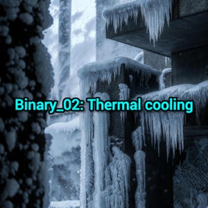 Puede incluir: Una estructura oscura y angular cubierta con gruesas capas de nieve blanca y largos carámbanos afilados que cuelgan de sus bordes. El texto "Binary_02: Thermal cooling" se muestra en letras cian brillantes en el centro de la escena.