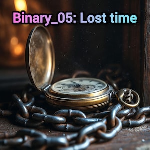 May include: A brass pocket watch with an open lid and a white face featuring black Roman numerals, resting amidst a heavy, dark metal chain. The text 'Binary_05: Lost time' is displayed in pink and light blue lettering above the watch.
