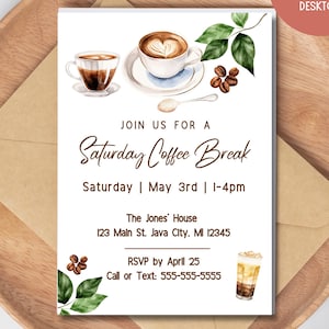Invitación digital para fiesta de café de sábado: plantilla imprimible para descargar e invitar por correo electrónico de forma informal.