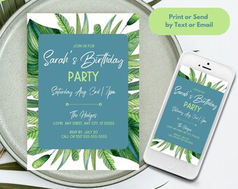 Greenery Birthday Invitation, Tropical Botanical Leaves (Canva Template)