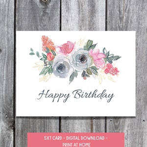 Tarjeta de cumpleaños de flores de acuarela, tarjeta de nota de feliz cumpleaños imprimible, tarjeta de cumpleaños de flores de jardín, descarga digital, tarjeta imprimible 5x7