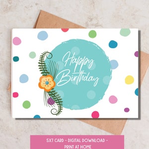 Tarjeta de cumpleaños de lunares, tarjeta de nota de feliz cumpleaños imprimible, puntos multicolores, descarga digital, tarjeta imprimible 5x7