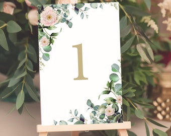 Pink Rose & Eucalyptus Table Numbers | Botanical Wedding (Instant Download)