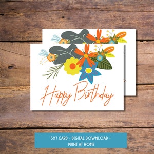 Carte d'anniversaire de fleur rétro, carte imprimable de note de joyeux anniversaire, carte de note florale de mod, téléchargement numérique, carte imprimable 5x7, orange multi