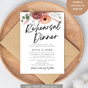 Terracotta Floral Rehearsal Dinner Editable Invitation Template Rust Burnt Orange Wedding Instant Download Rust Canva DIY- PBDP-WRUS-01