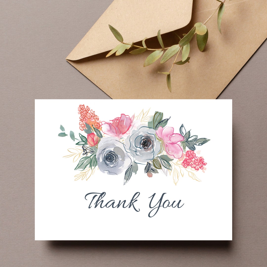 Watercolor Floral Thank You Card, Pink and Gray Flowers (5x7 Printable ...