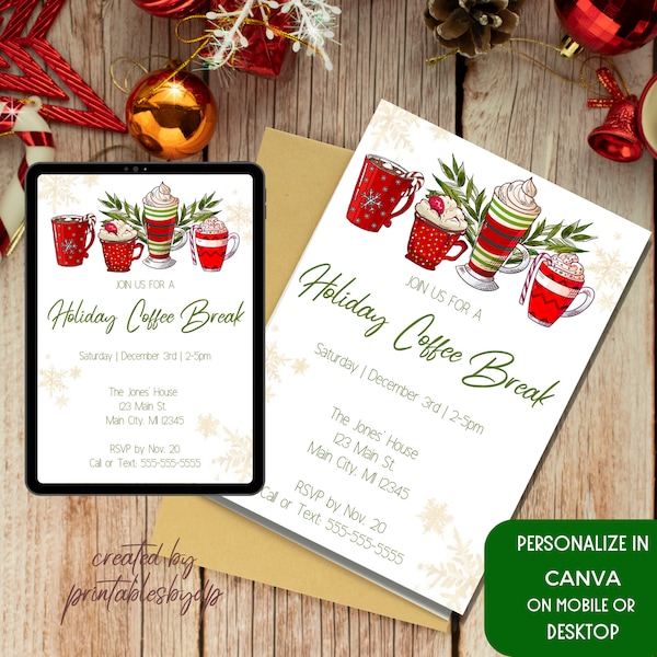 Holiday Coffee Break Invitation, Christmas Coffee invitation, Printable Coffee Invite, Informal Party Invitation