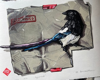 APPROVED. Magpie, Reduction print, Bird, Handprinted, Unique paper, Linocut, Limited edition art, Sroka, Ptak