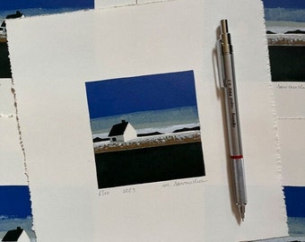 Limited edition linocut print, Reduction print, Mini print, Landscape, Sea, Cottage, Unique art, Handmade,