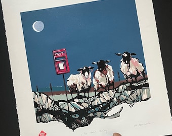 NO NEWS TODAY, Limited edition linocut print, Reduction print, Sheeps, Mailbox, Scottish landscape, Moon, Handprints,