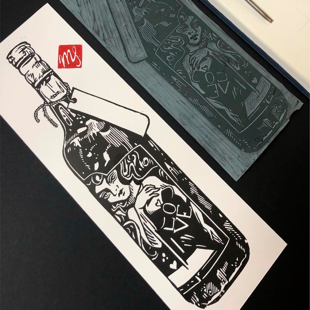The Bottle of Wine Linocut Print - Etsy