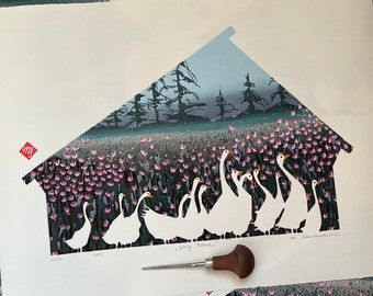 WAY HOME, Limited edition, Reduction print, Linocut print, Geese, Landscape, Meadow with Flowers.