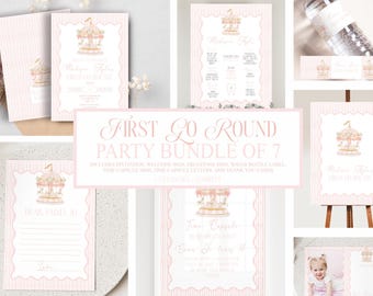Grandmillennial Carousel Birthday Bundle, First go around, Carnival Girly, Pink and Gold, Printable Digital Download, Milestone Sign