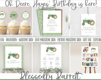 Grandmillennial Green Gingham Tractor First Birthday Bundle, Tractor Green Vintage, Farm Sign Invitation Cupcake Milestone, Oh Deer