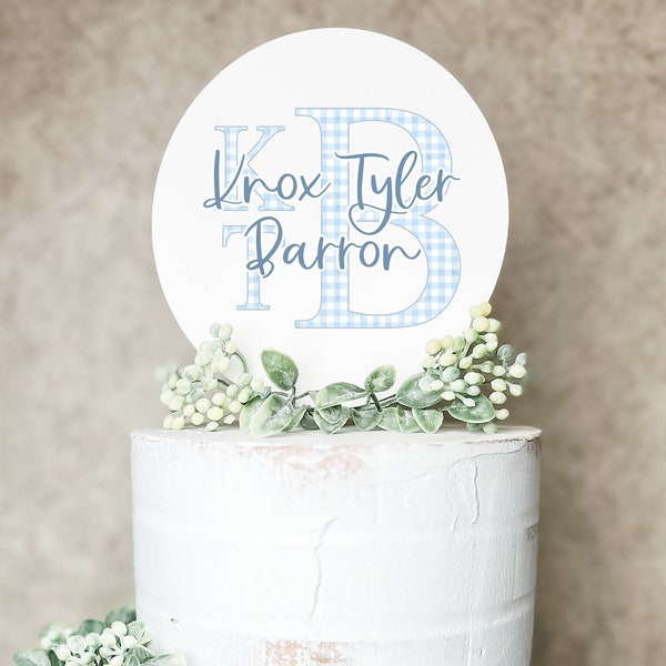 Wooden Cake Topper | Gingham | PICK COLORS | Customize | Monogram Cake Topper | Gender Neutral | Birthday Cake Topper | Baby Shower