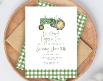 Vintage Traktor Geburtstagseinladung: Grünes Gingham (digital bearbeitbares druckbares)