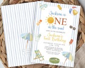 Grandmillennial Pastel Summer Birthday Invitation, ONE in the Sun, Blue, Preppy Boy, Beach Boy, Pool Party, Waterslide, Printable Invite