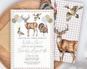 May include: A light brown and white gingham patterned invitation with a watercolor illustration of a deer wearing a party hat. The invitation reads "Calling all party animals Wells is One! Join us to celebrate Saturday, August 9th 2 PM to 4 PM 234 Safari Rd Troy, AL 36081 RSVP to Hannah 234.567.8910 Blessedly Barrett".