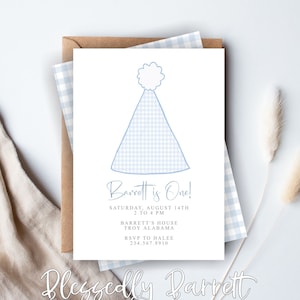 Invitación de cumpleaños de Blue Gingham / Minimalista / 1er cumpleaños / 2o cumpleaños / Sin tema / Imprimible
