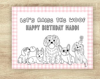 Può includere: Un disegno a tratto nero e bianco di diversi cani con il testo "LET'S RAISE THE WOOF HAPPY BIRTHDAY MADDI!" su uno sfondo rosa a quadretti. Una collezione di matite colorate si trova nella parte inferiore dell'immagine.